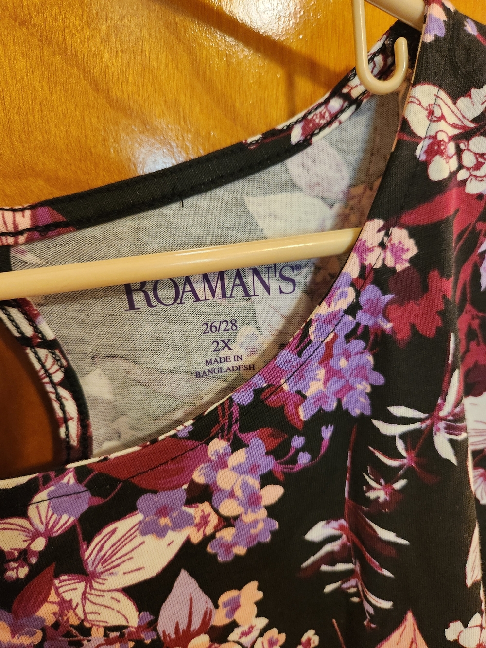 Roaman's Black Floral Short-Sleeve Tunic with Pink & Purple Blossoms - Picture 3 of 3